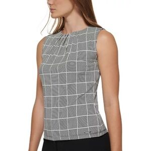Calvin Klein Sleeveless Gingham Pleated Tank Top Blouse Black White Size M